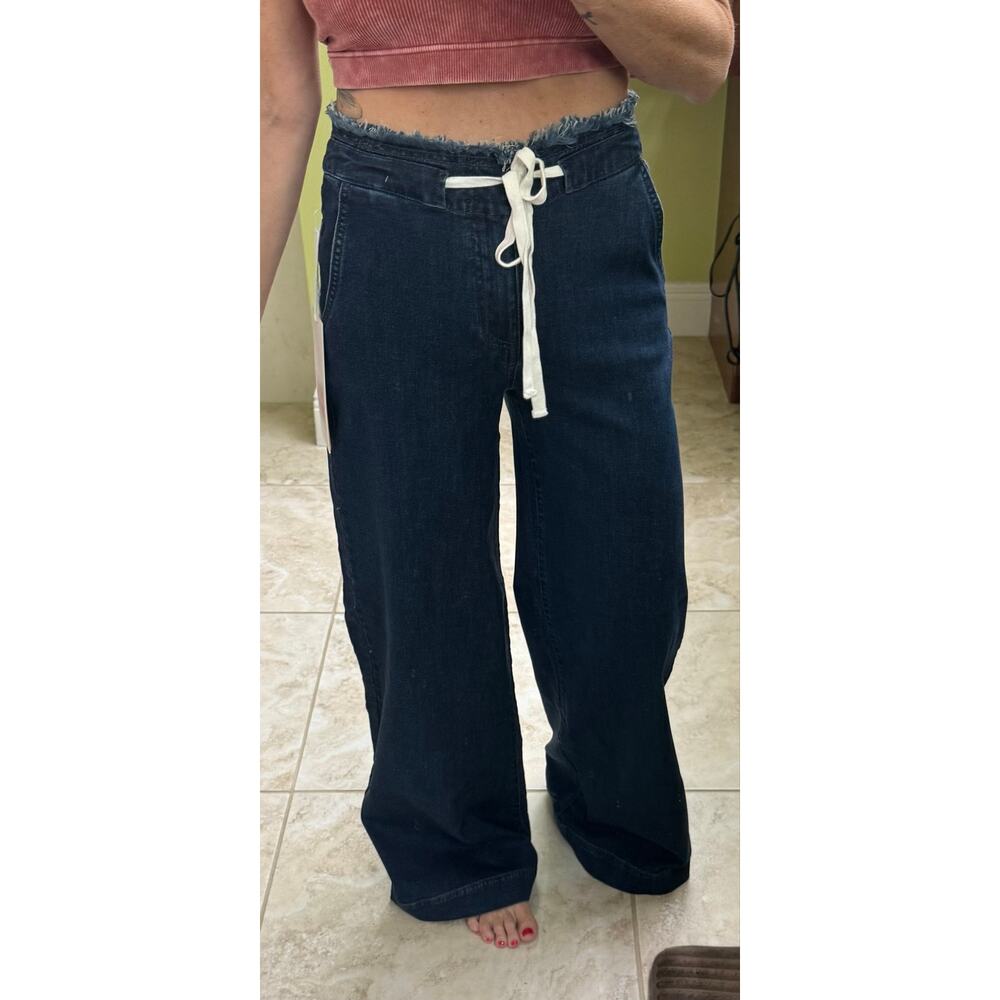 Risen Jeans Mid Rise Dark Wash Wide Leg Pants with Tie Waistband NWT Small $128 - Picture 6 of 10
